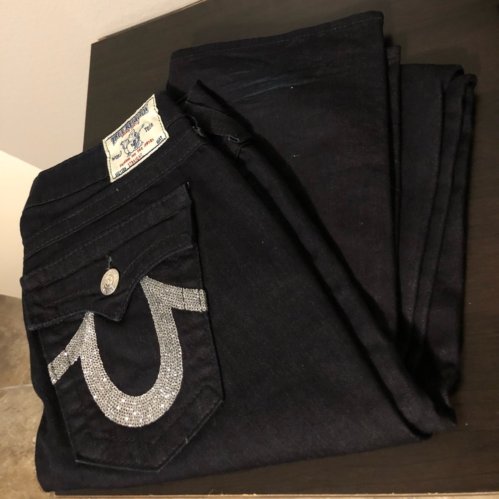True Religion Dark Wash Sequin Straight Jeans